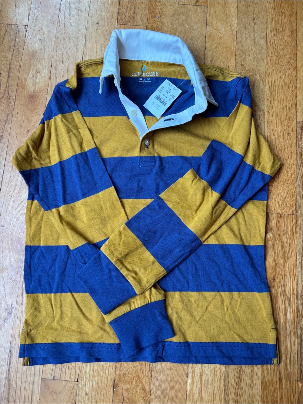NWT - Boys Crewcuts Blue and Mustard Stripe Rugby Polo Size M
